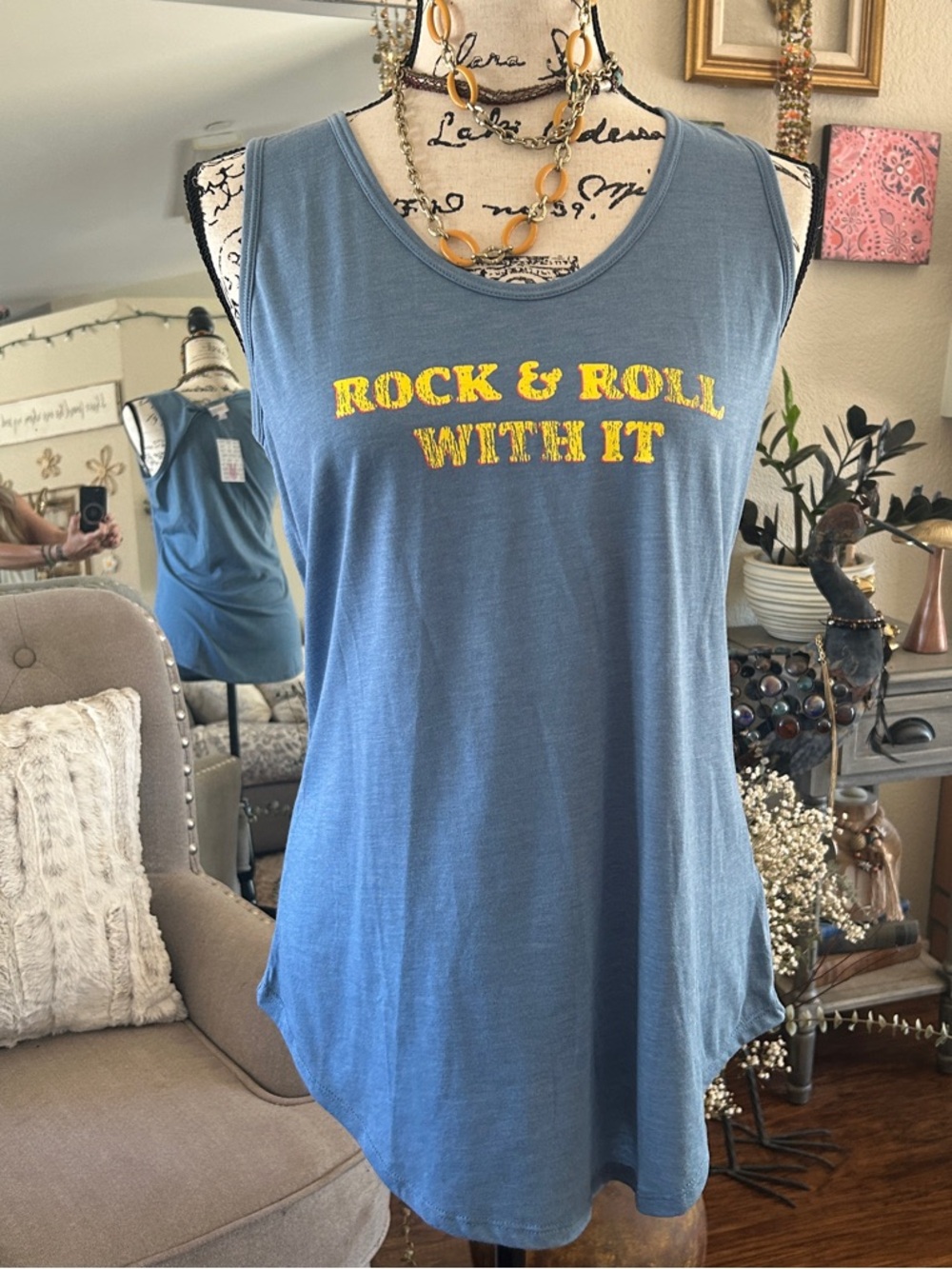 LuLaRoe Blue Tank Top with Yellow 'Rock & Roll With It' Graphic